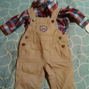 Nanette Kids tan overall and plaid shirt set